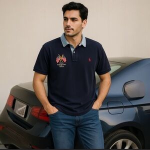 Vintage Lauren Polo Shirt Mens Yatch Club Navy Blue Chambray Collar Vintage